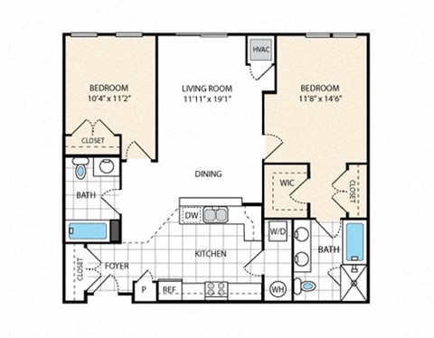 Floor plan for 2 beds, 2 baths, 962 sqft