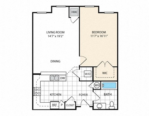 Floor plan for 1 bed, 1 bath, 826 sqft