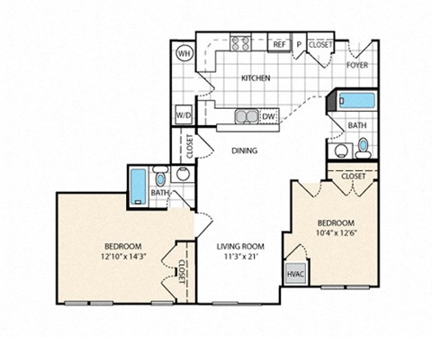 Floor plan for 2 beds, 2 baths, 970 sqft