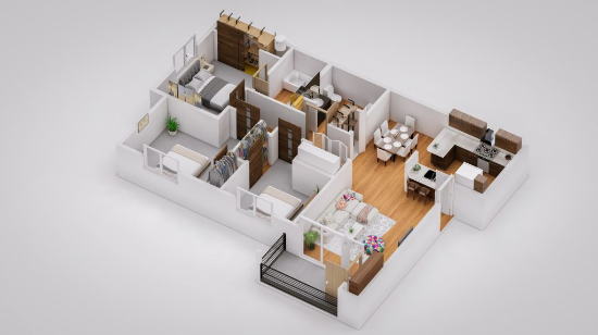 Floor plan for 3 beds, 2 baths, 1128 sqft