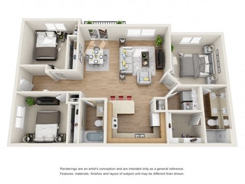 Floor plan for 3 beds, 2 baths, 1187 sqft