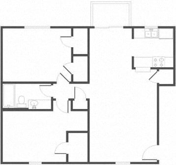 Floor plan for 2 beds, 1 bath, 943 sqft