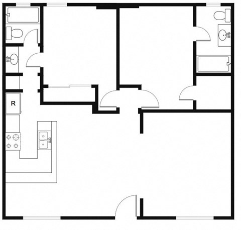 Floor plan for 2 beds, 1 bath, 940 sqft