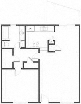 Floor plan for 1 bed, 1 bath, 781 sqft