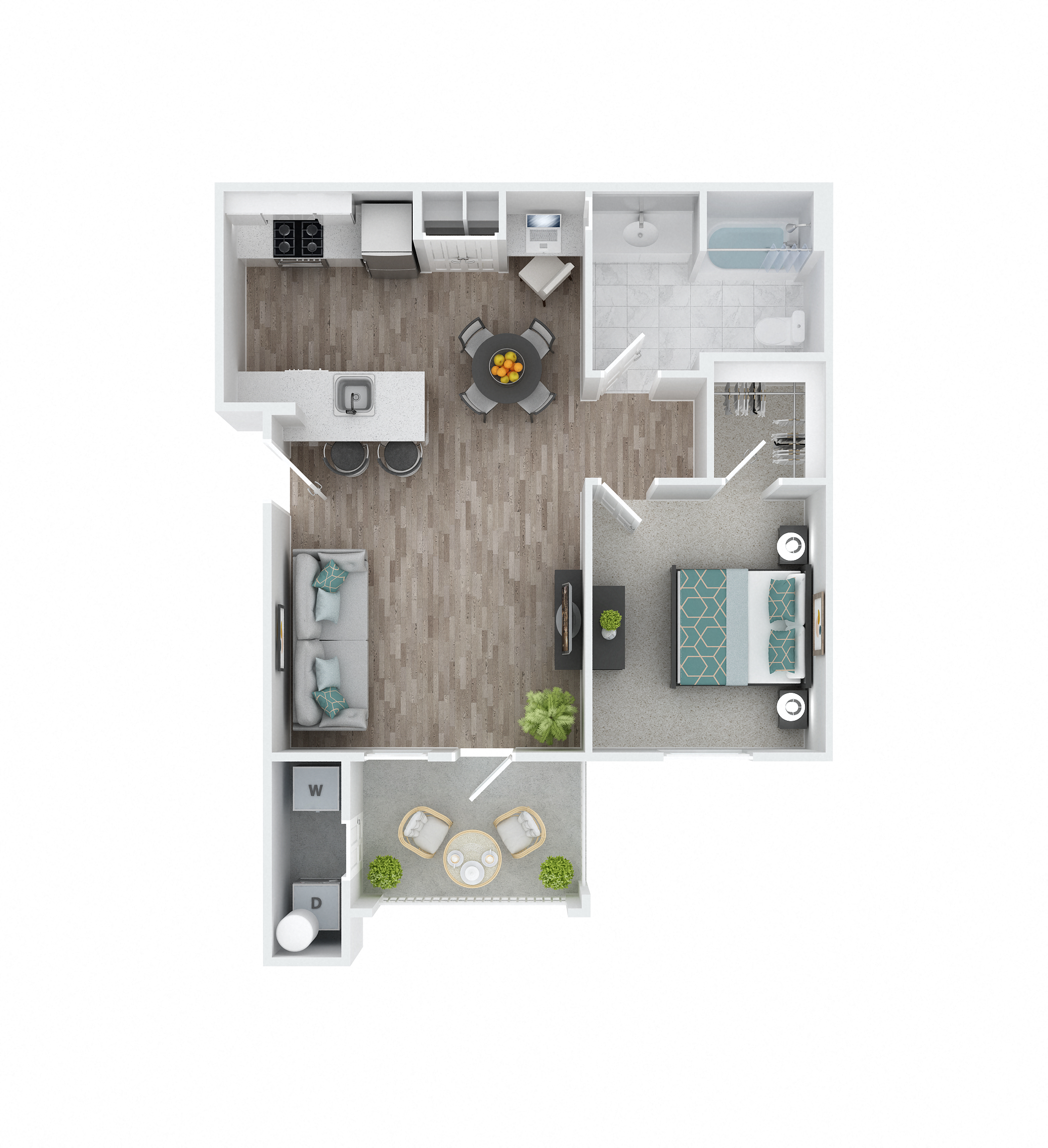 Floor plan for 1 bed, 1 bath, 746 sqft