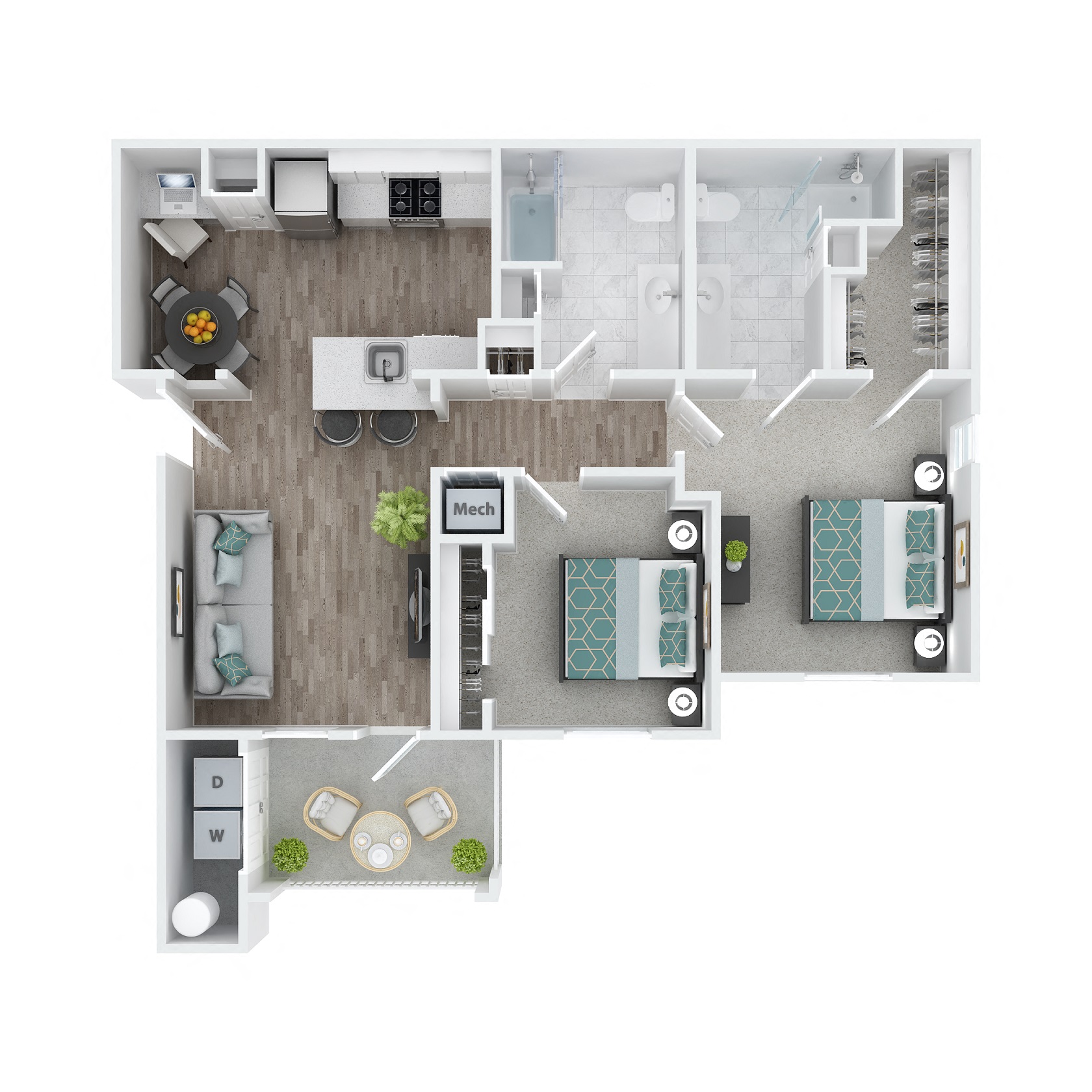 Floor plan for 2 beds, 2 baths, 990 sqft