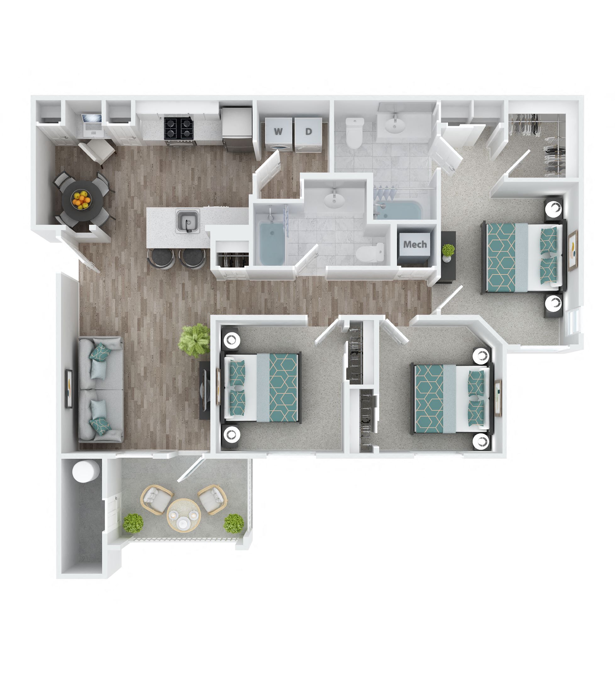 Floor plan for 3 beds, 2 baths, 1187 sqft