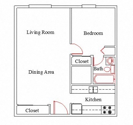 Floor plan for 1 bed, 1 bath, 534 sqft