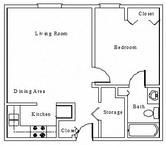 Floor plan for 1 bed, 1 bath, 528 sqft