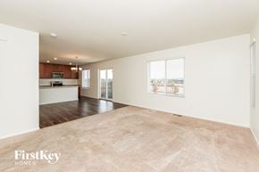 Colorado Springs house for rent - A spacious living room with a carpeted floor and a view of the kitchen through the window.