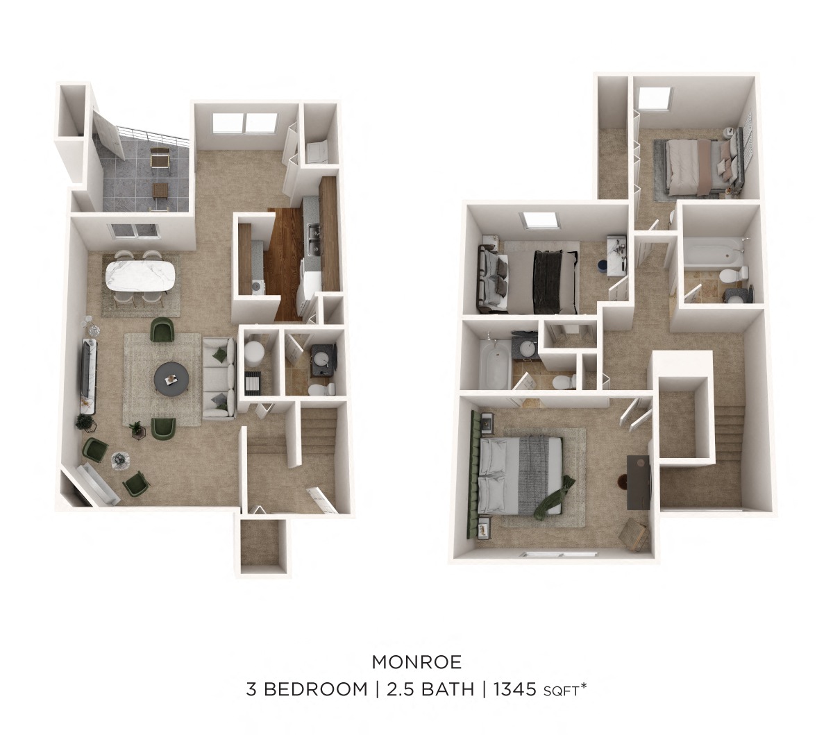 Floor plan for 3 beds, 2.5 baths, 1345 sqft