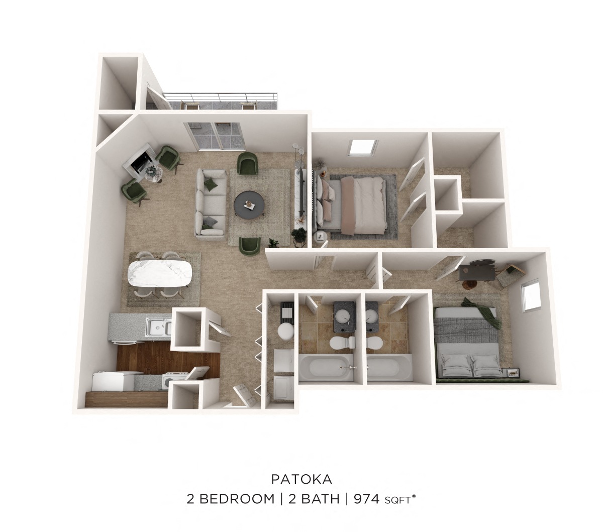 Floor plan for 2 beds, 2 baths, 974 sqft