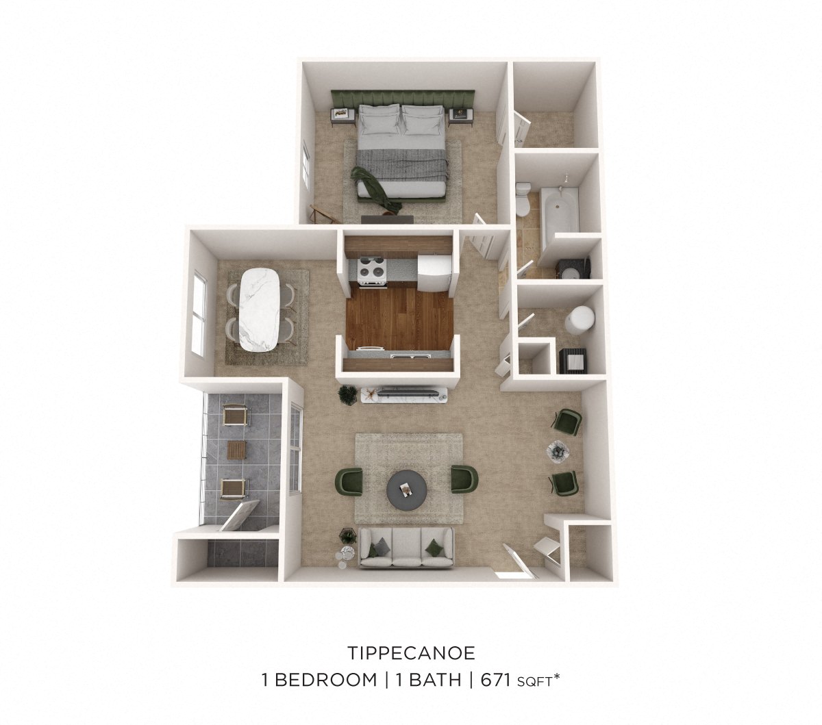 Floor plan for 1 bed, 1 bath, 671 sqft