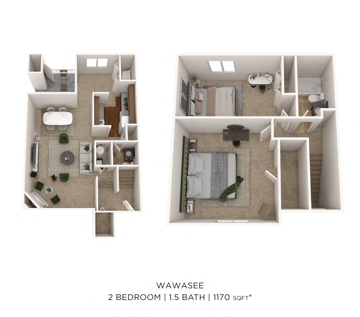 Floor plan for 2 beds, 1.5 baths, 1170 sqft