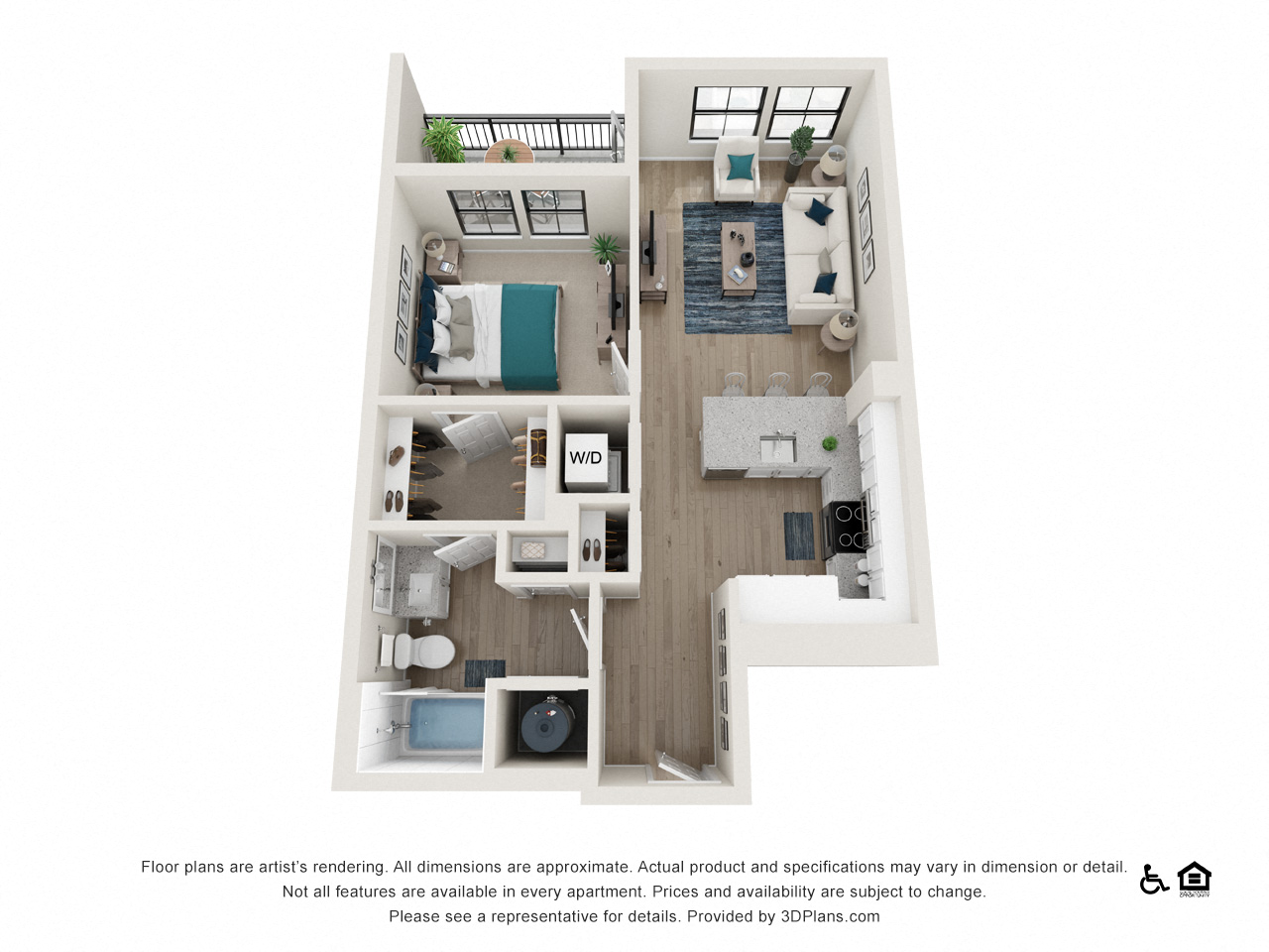Floor plan for 1 bed, 1 bath, 689 sqft