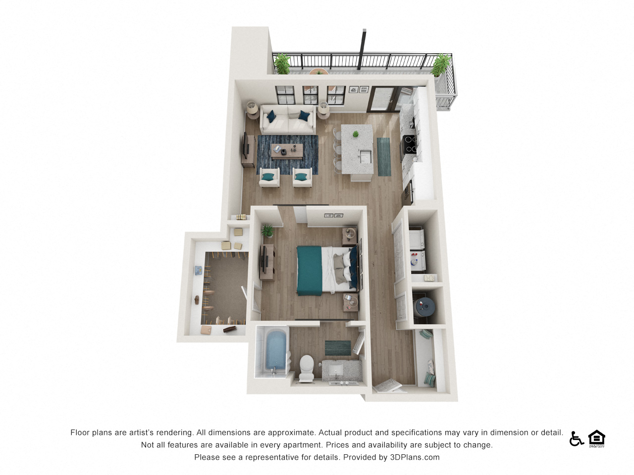 Floor plan for 1 bed, 1 bath, 767 sqft