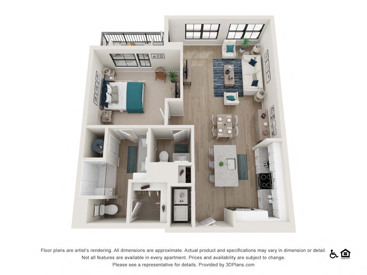 Floor plan for 1 bed, 1.5 baths, 924 sqft