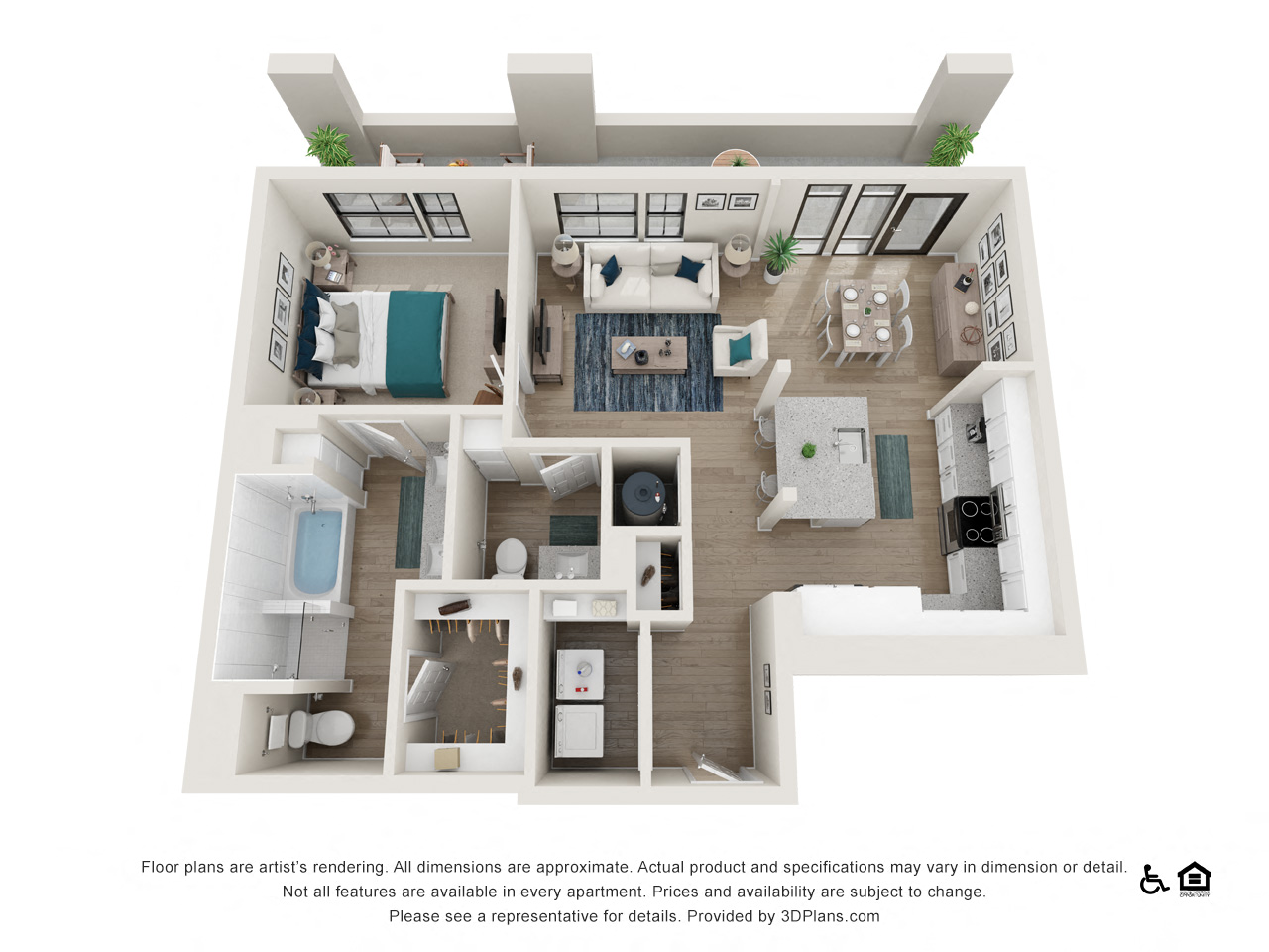Floor plan for 1 bed, 1.5 baths, 945 sqft