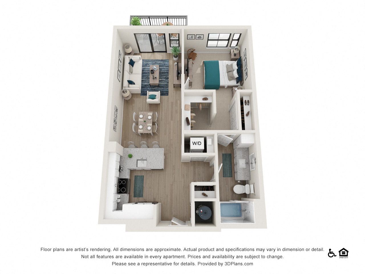 Floor plan for 1 bed, 1 bath, 797 sqft