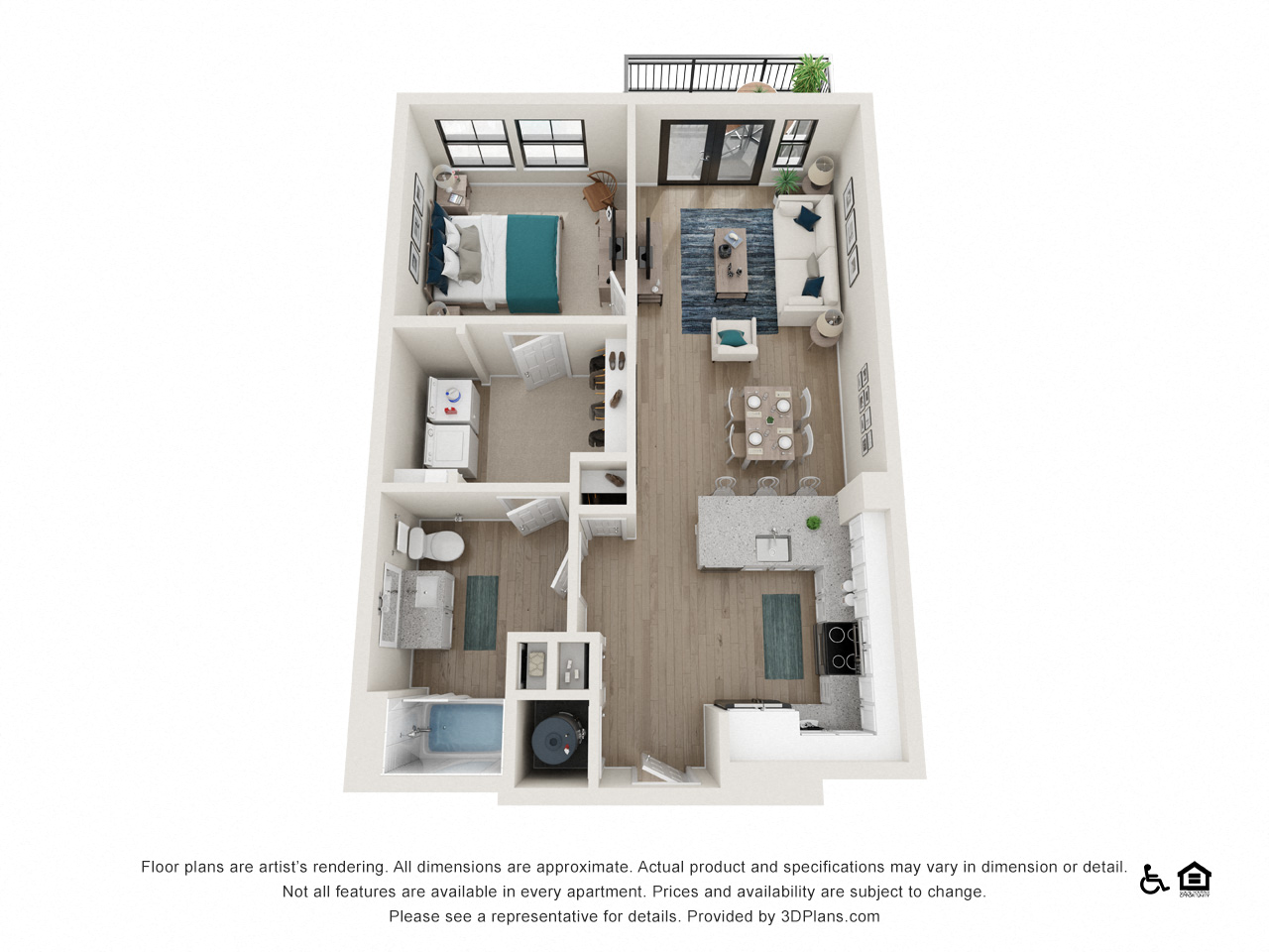 Floor plan for 1 bed, 1 bath, 797 sqft