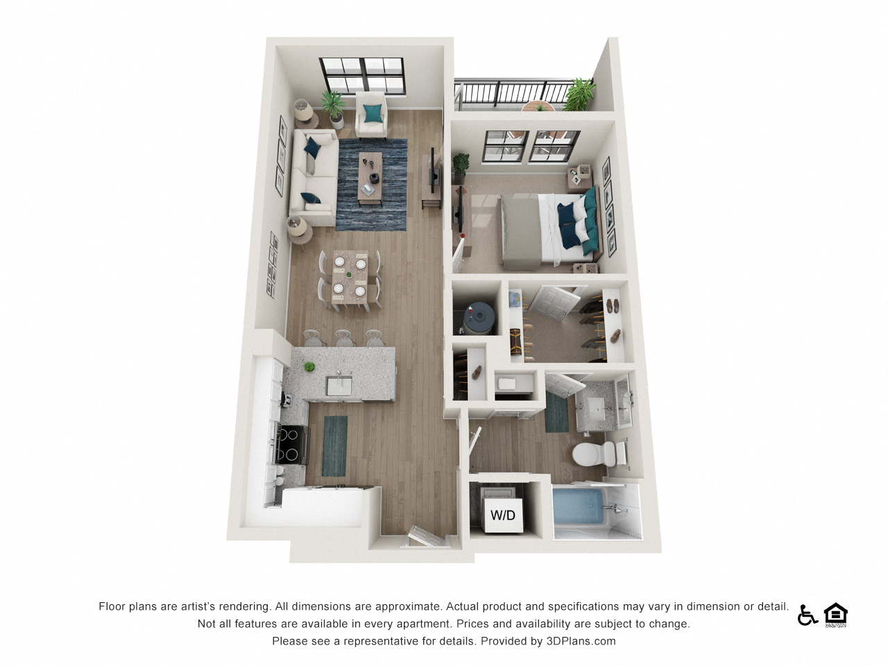 Floor plan for 1 bed, 1 bath, 729 sqft