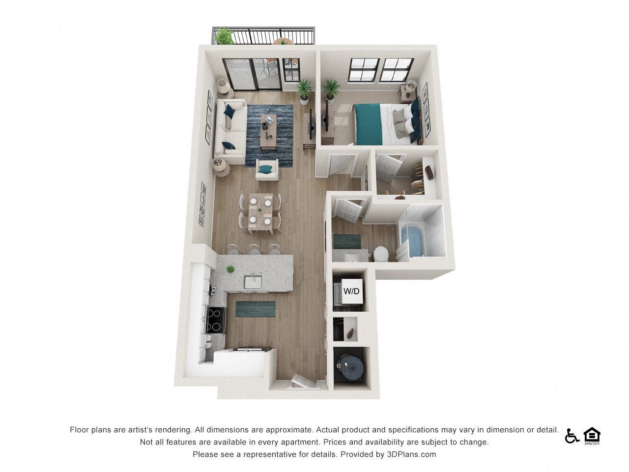 Floor plan for 1 bed, 1 bath, 724 sqft
