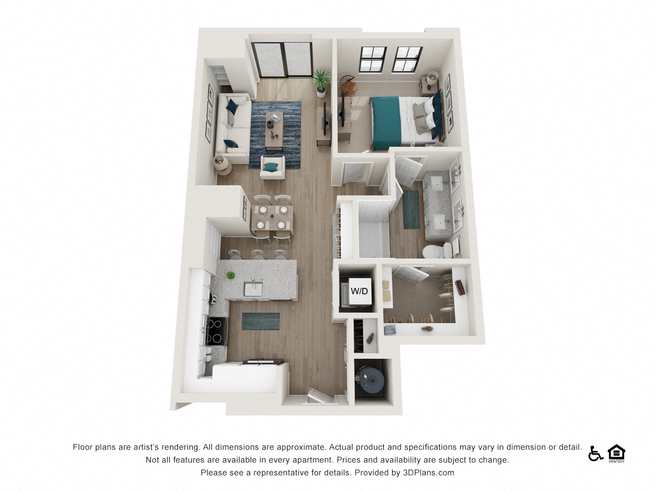 Floor plan for 1 bed, 1 bath, 764 sqft