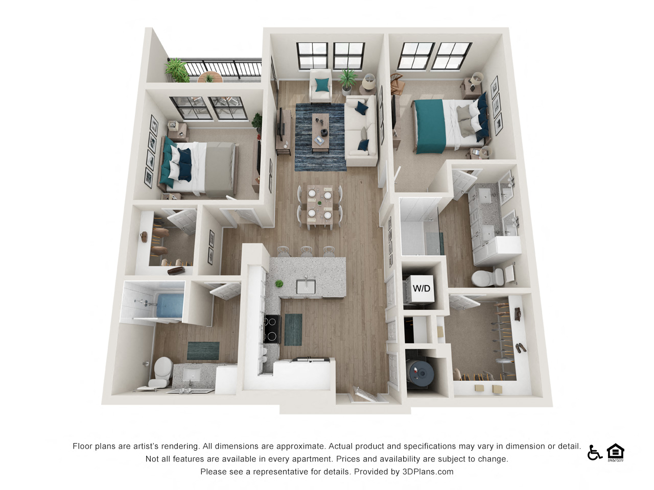 Floor plan for 2 beds, 2 baths, 1061 sqft