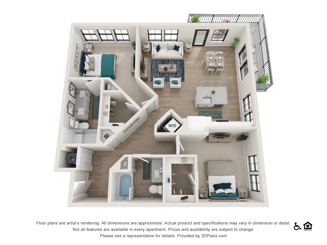 Floor plan for 2 beds, 2 baths, 1231 sqft