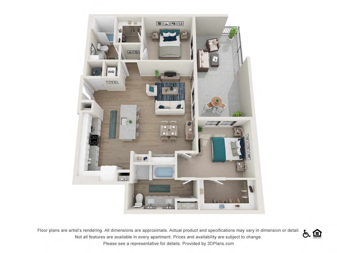 Floor plan for 2 beds, 2 baths, 1287 sqft