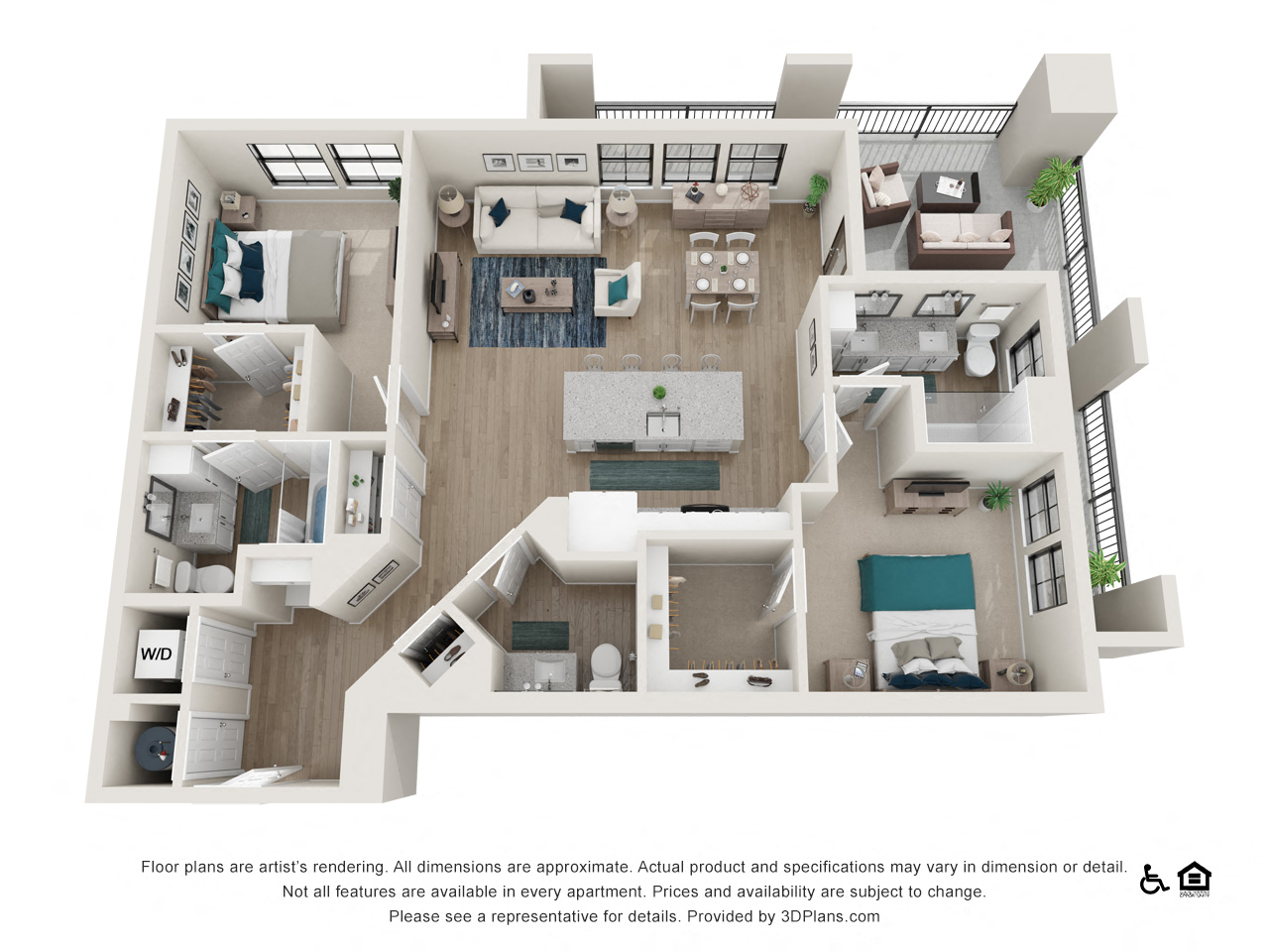 Floor plan for 2 beds, 2 baths, 1264 sqft