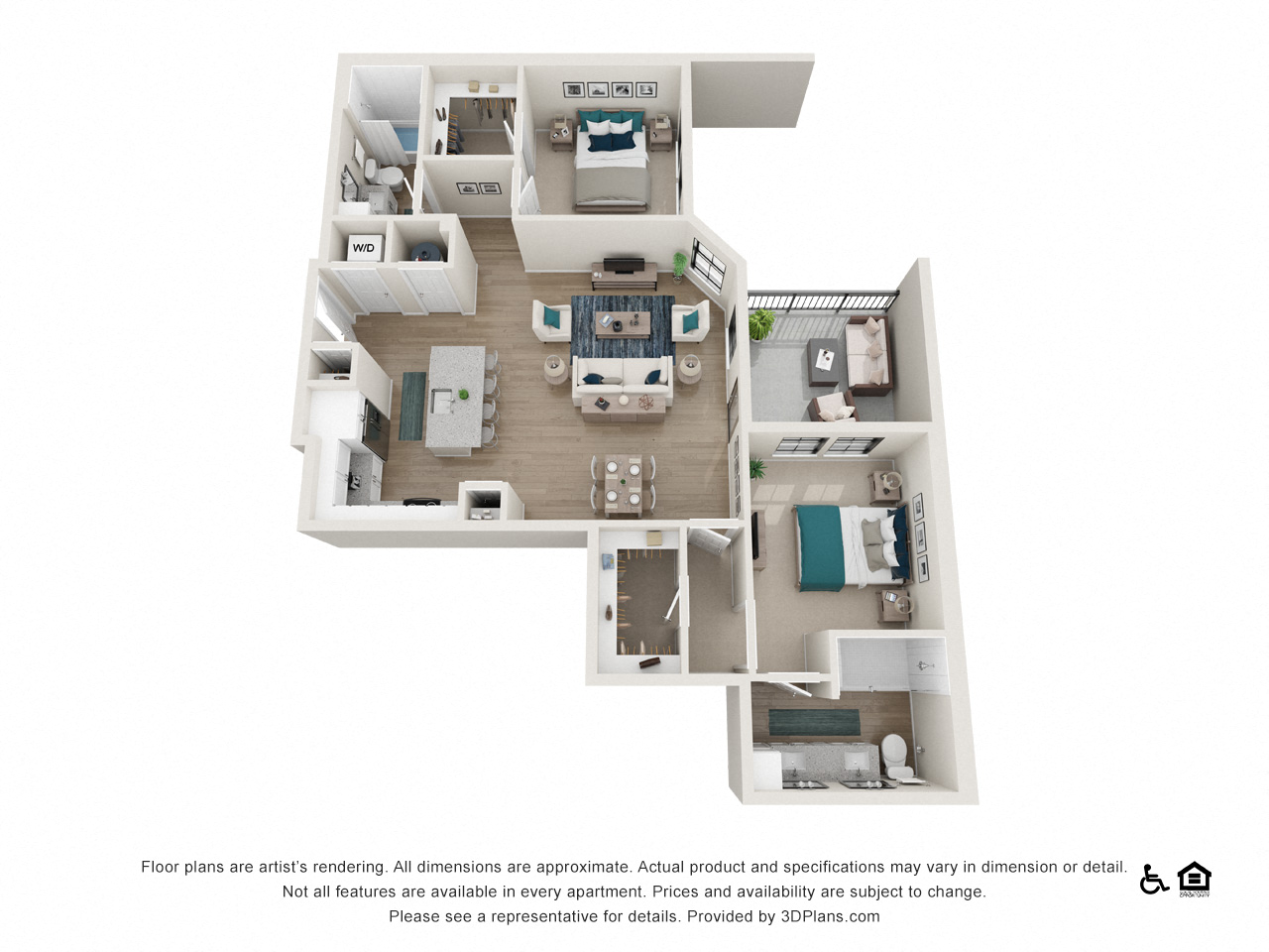Floor plan for 2 beds, 2 baths, 1232 sqft