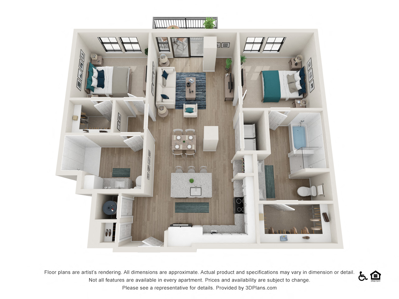 Floor plan for 2 beds, 2 baths, 1268 sqft