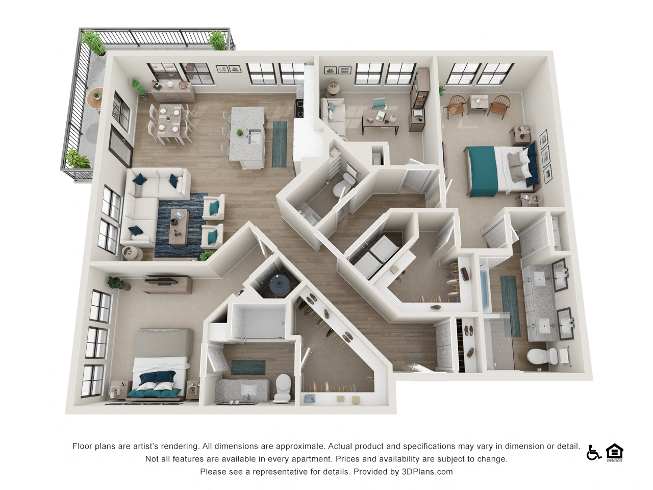 Floor plan for 2 beds, 2.5 baths, 1587 sqft