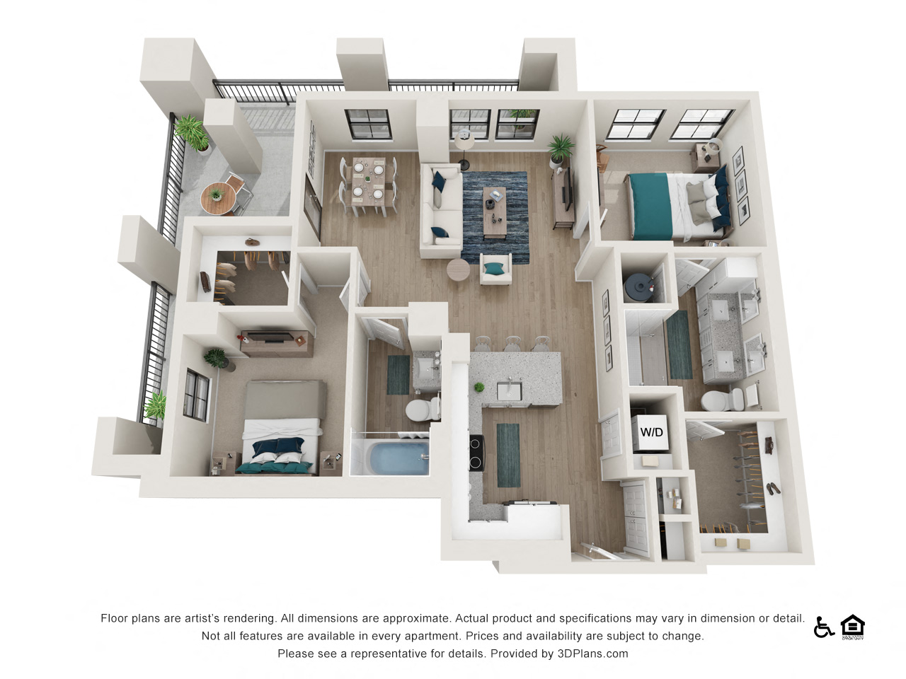Floor plan for 2 beds, 2 baths, 1130 sqft