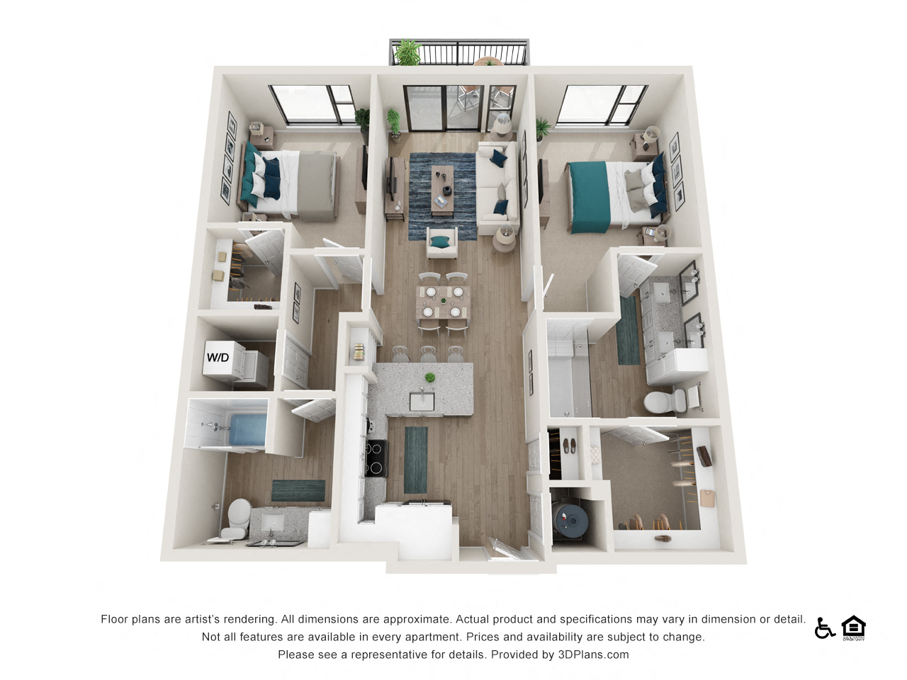 Floor plan for 2 beds, 2 baths, 1125 sqft