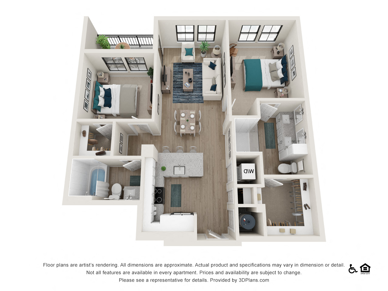 Floor plan for 2 beds, 2 baths, 1015 sqft