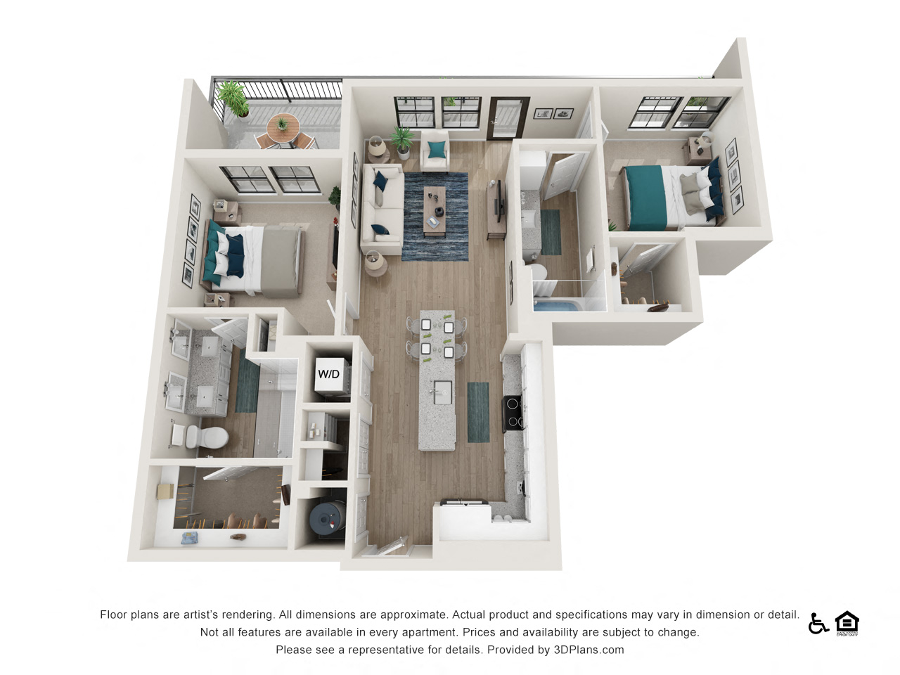 Floor plan for 2 beds, 2 baths, 1073 sqft