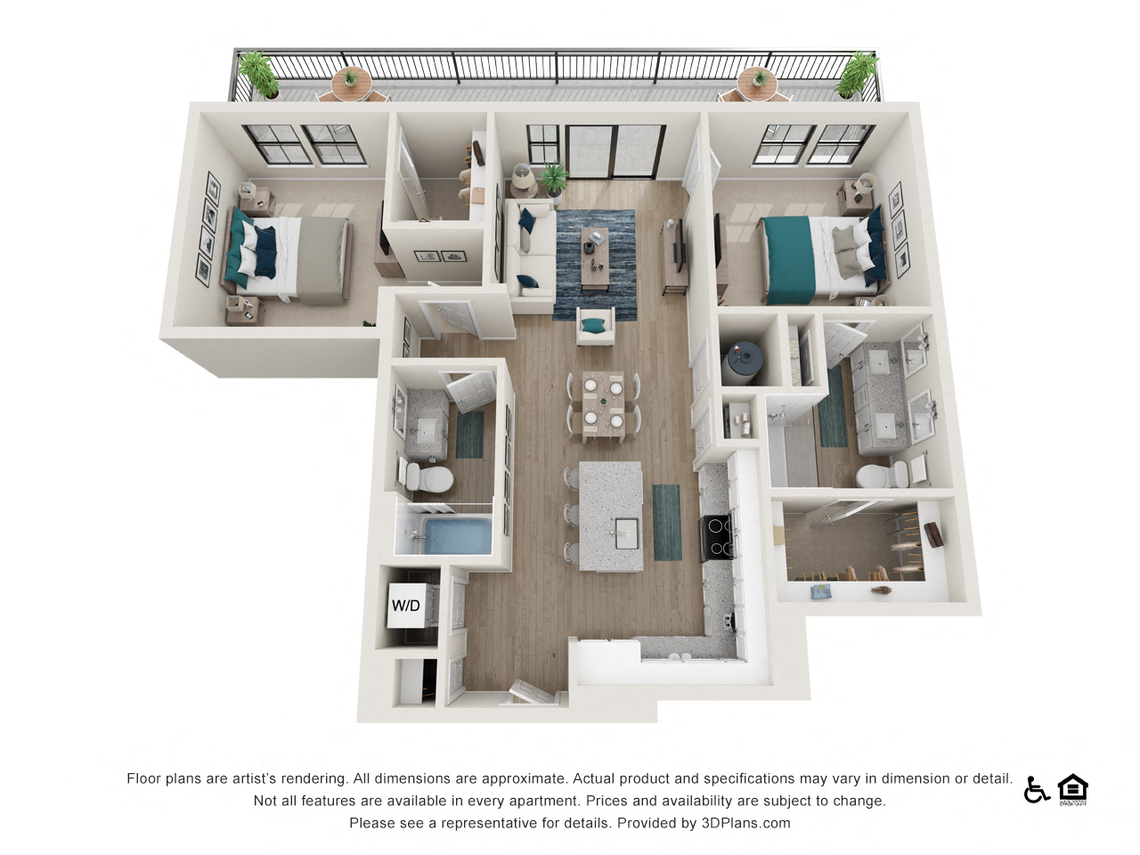 Floor plan for 2 beds, 2 baths, 1152 sqft