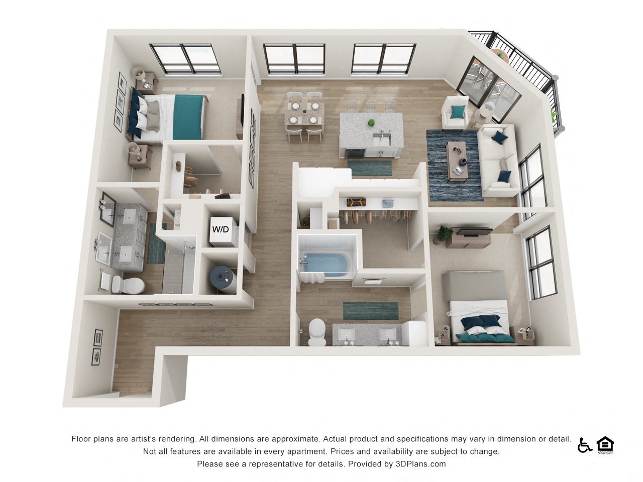 Floor plan for 2 beds, 2 baths, 1179 sqft