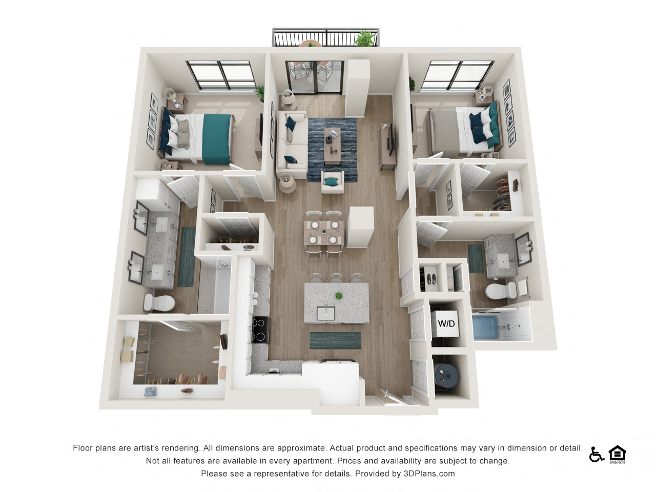 Floor plan for 2 beds, 2 baths, 1178 sqft