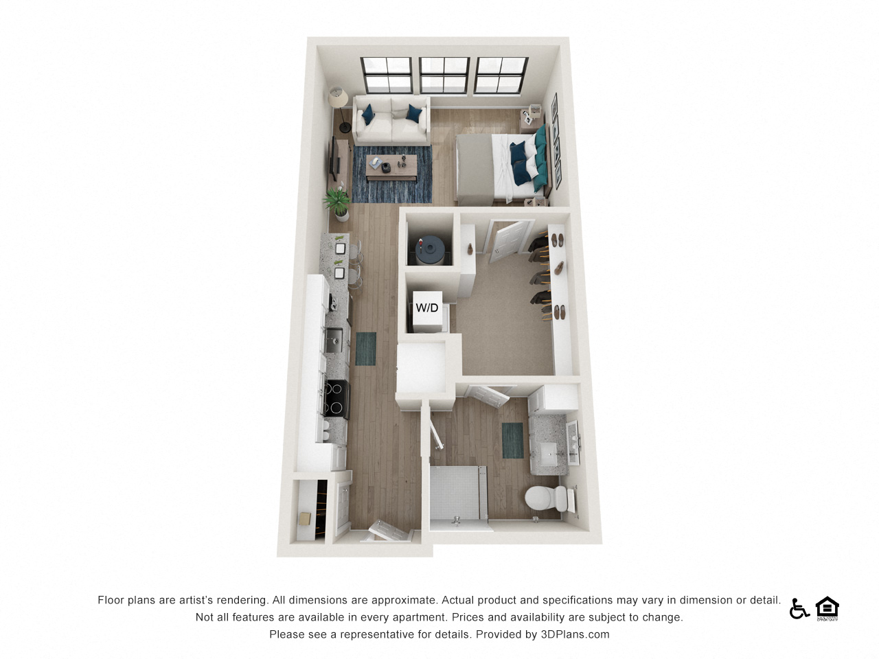 Floor plan for studio, 1 bath, 597 sqft