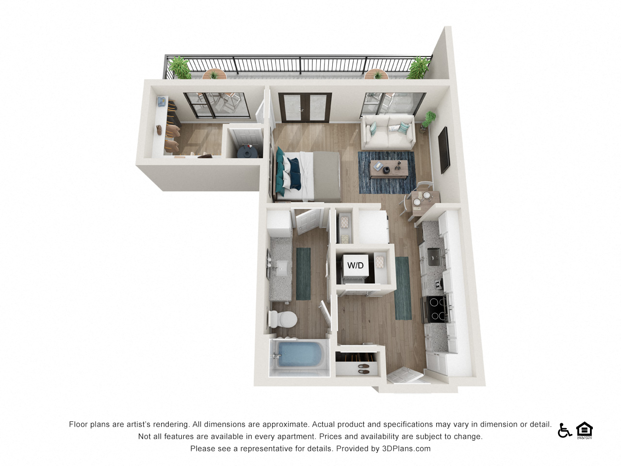Floor plan for studio, 1 bath, 612 sqft