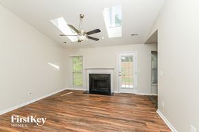 Greensboro house for rent - a living room with a fireplace and a ceiling fan