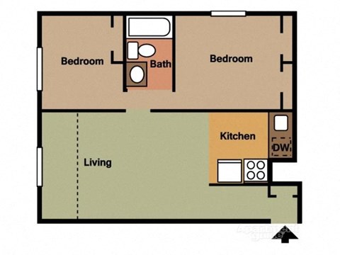 Floor plan for 2 beds, 1 bath, 770 sqft
