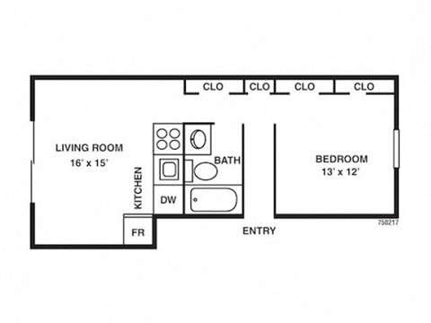Floor plan for 1 bed, 1 bath, 512 sqft