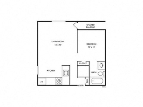 Floor plan for 1 bed, 1 bath, 480 sqft