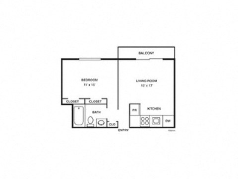 Floor plan for 1 bed, 1 bath, 530 sqft