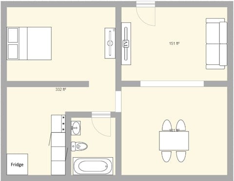 Floor plan for 2 beds, 1 bath, 700 sqft