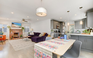 San Diego apartment for rent - A well-lit, modern kitchen and living room with a dining table set for two.